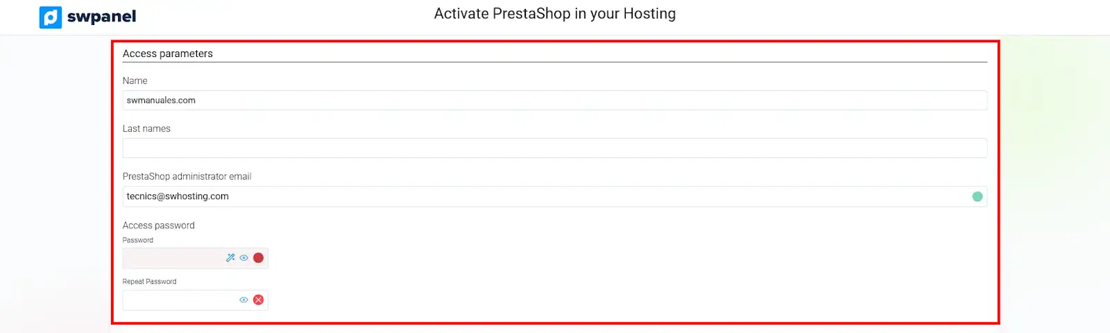 Paràmetres d'accés de Prestashop
