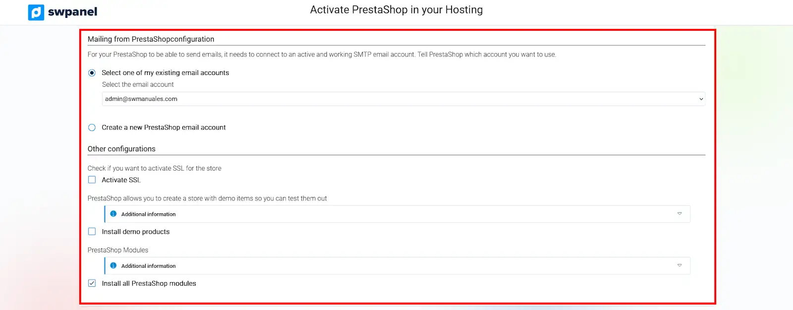 Configuració de correu i opcions addicionals