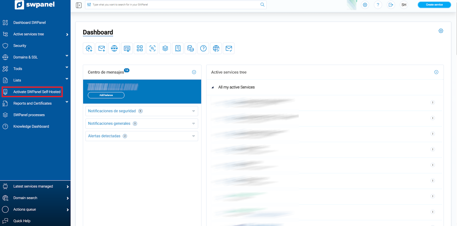 SWPanel Self-Hosted Dashboard main access