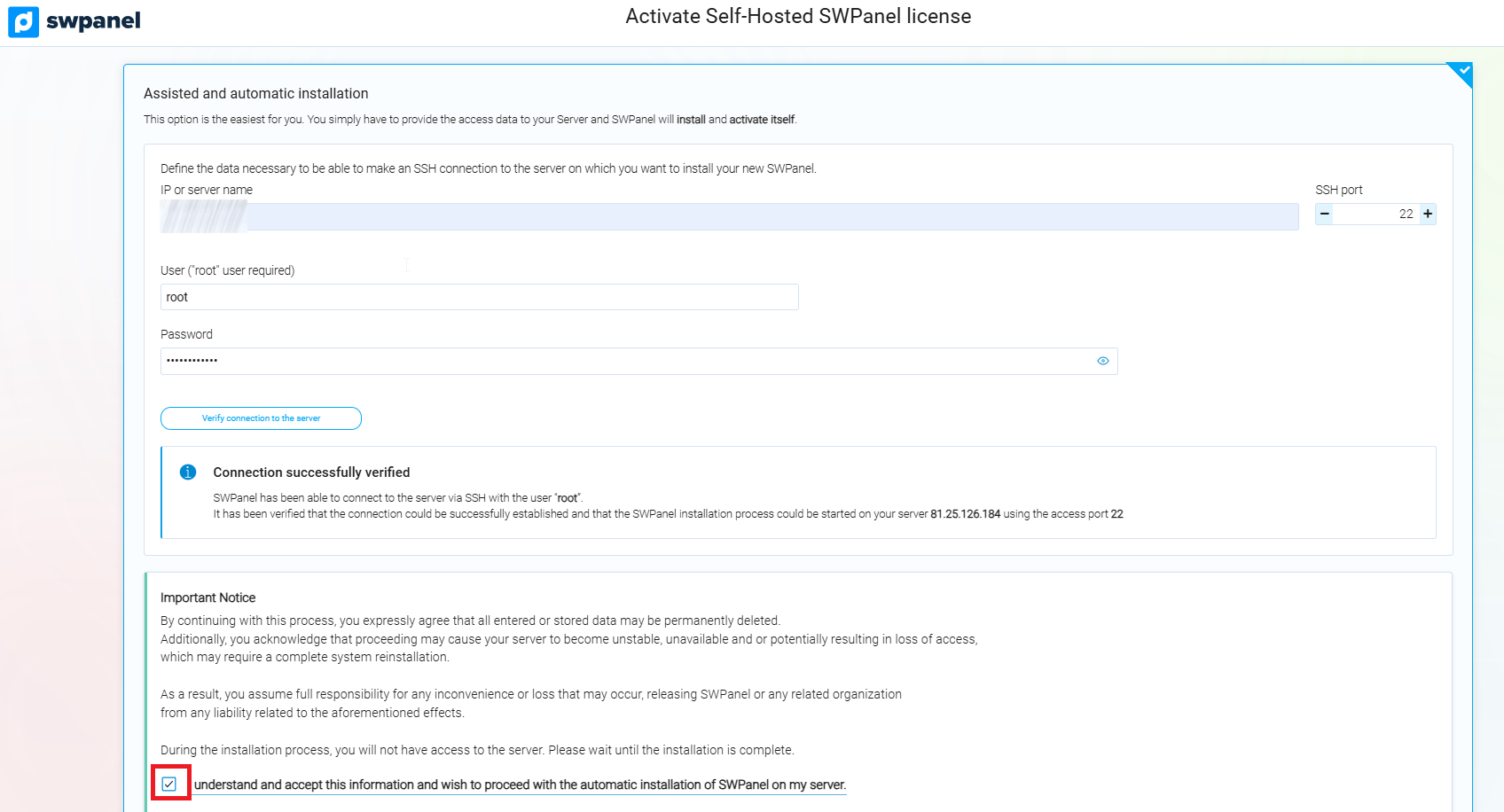Assisted and automatic installation (responsibility checkbox)