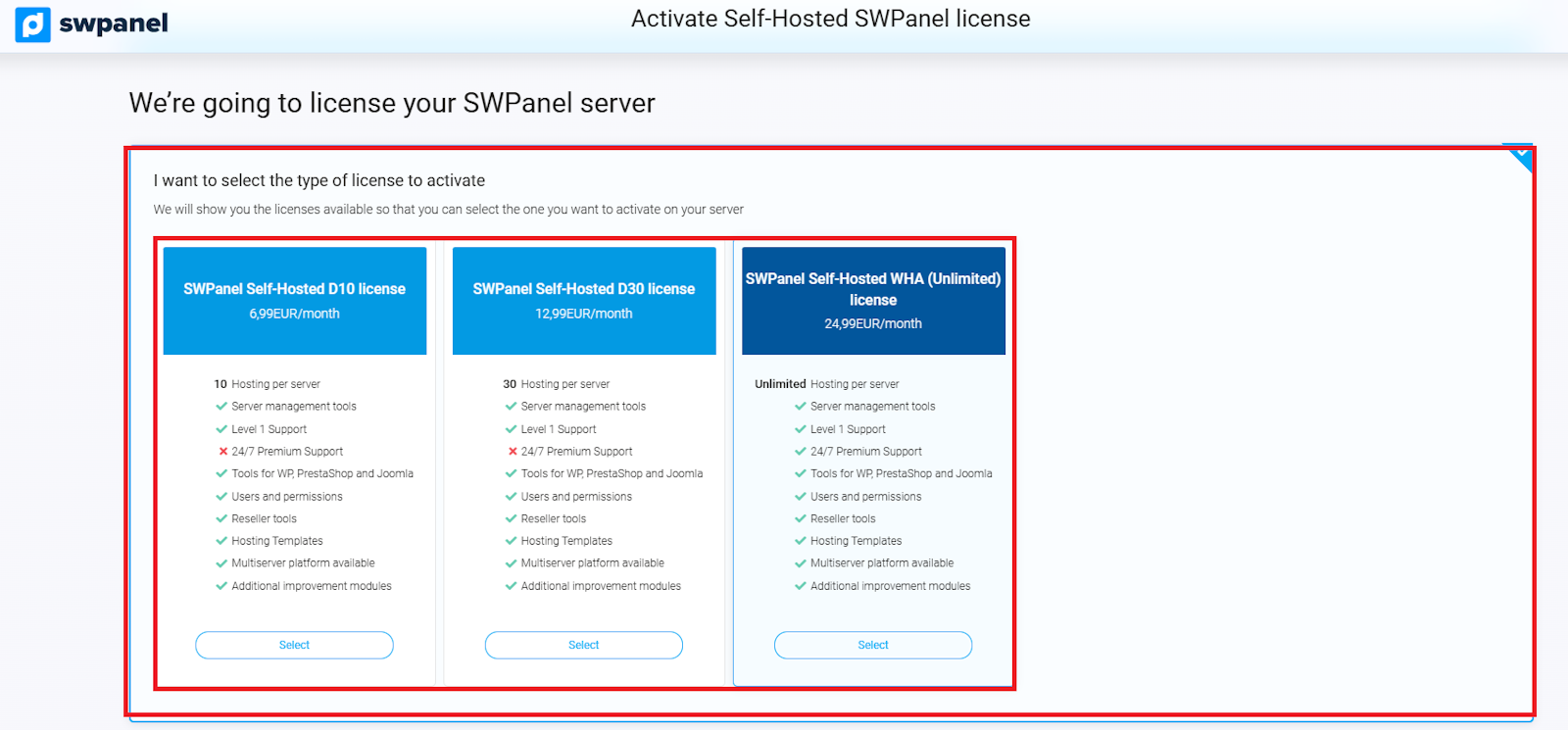 Select license type