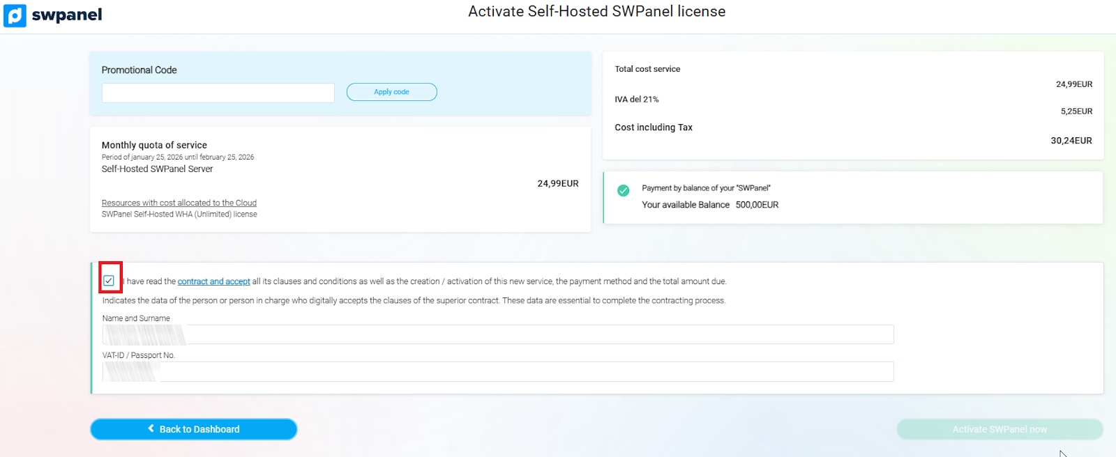 Activate SWPanel Self-Hosted